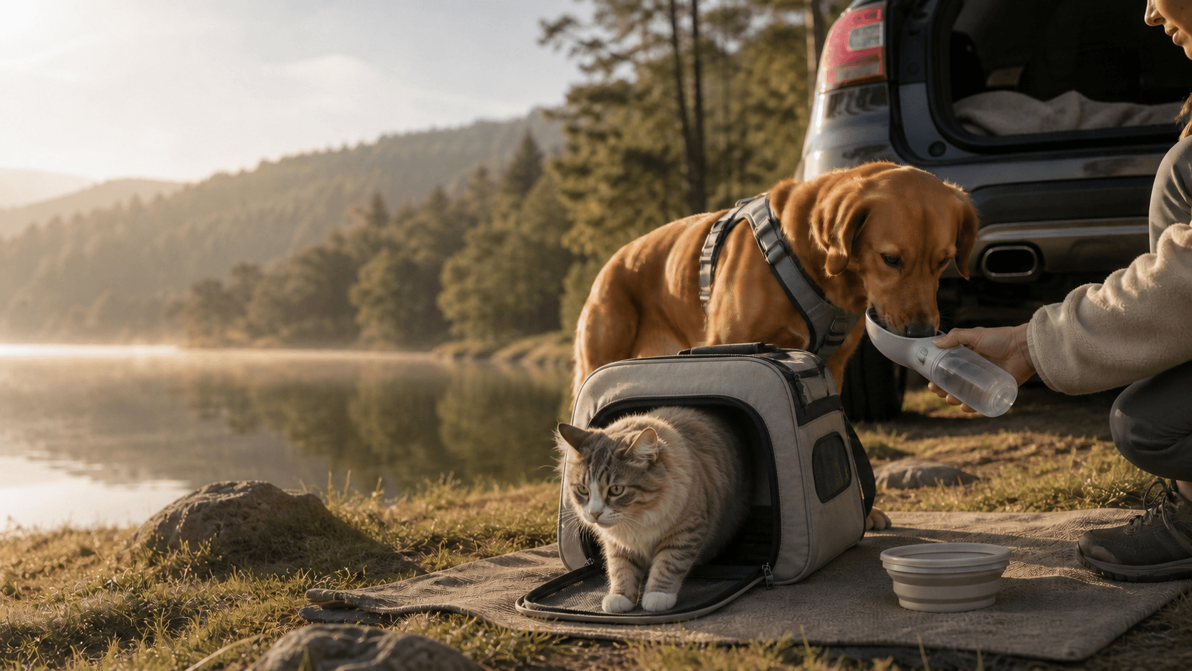 Pet outdoor and travel products in use