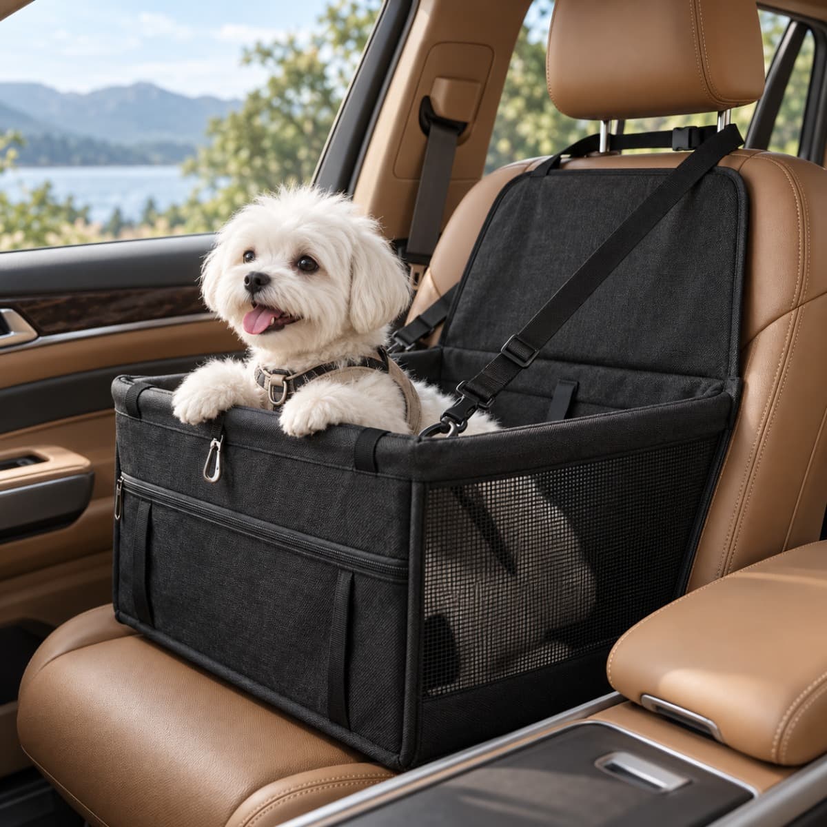 Foldable Dog Car Seat with Mesh Sides and Safety Tether main view