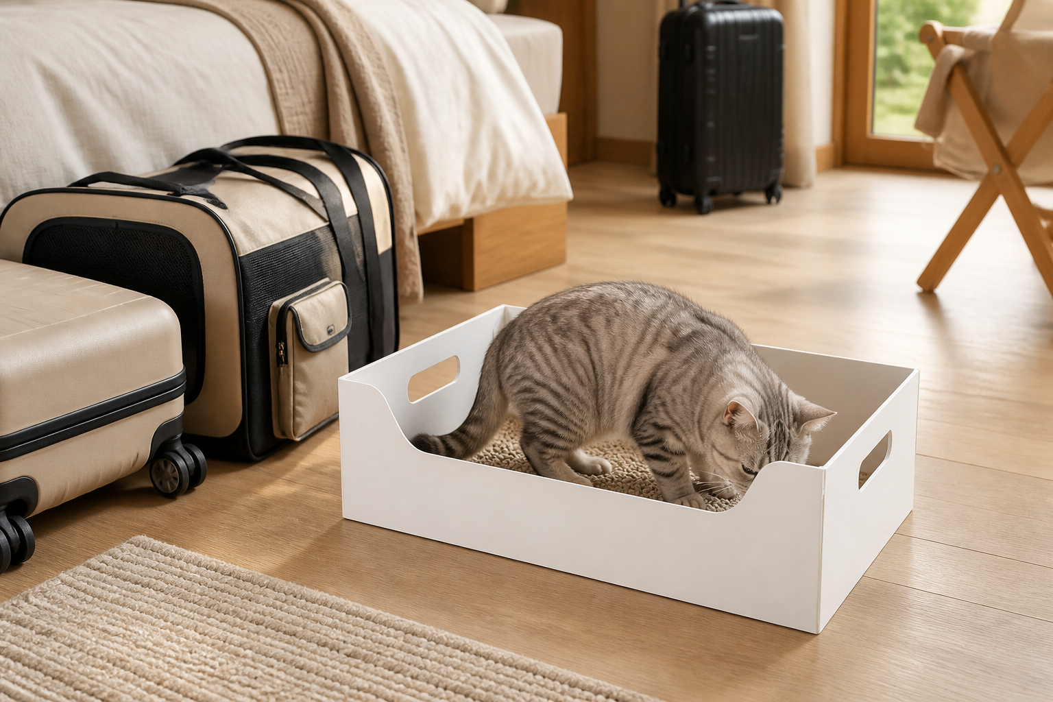 Cat using a portable litter box beside travel luggage in a hotel room