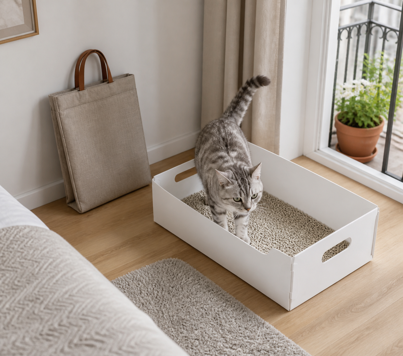 Cat using a portable litter box during a temporary stay